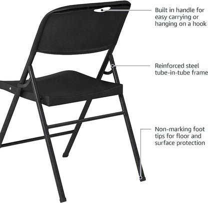 Amazon Basics Foldable Portable Sturdy Folding Plastic Chair, 350-Pound Capacity, Black, 2-Pack
