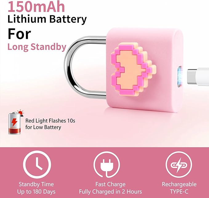 UMIKSMART Smart Fingerprint Lock, Combination Keyless Padlock with USB Charging, Waterproof for Bike, School Locker, Gym, Luggage, Storage, Sweet Pink Set