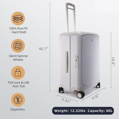 Hang Safe Checked Luggage 24 inch,PC Hard Shell Lightweight Zipperless Suitcases,360° Spinner Wheels,TSA Locks USB Charging Port,Top Travel Seat,Checked-Medium 80L White