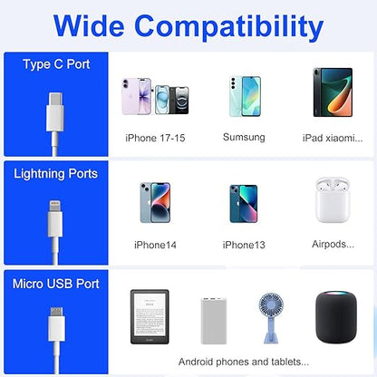 Short Charging Cables - 10-Pack Type C/Lightning/Micro USB 1FT Short Charging Cords Support Fast Charge & Data Sync Compatible with iPhone 17/16/15/14/13/12/11, iPads, iPods, Mobiles, Tablets