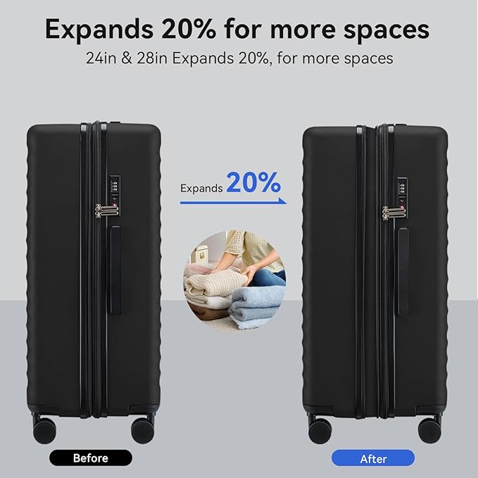 Travel Suitcase Sets 3 Piece, Expandable Hardshell Luggage Sets 3pcs with TSA Lock Spinner Wheels, Black (20''/24''/28")