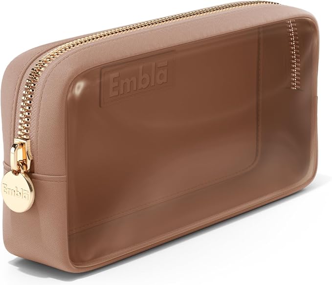 Embla London Makeup Bag Cosmetic Case, Clear Zipper Make Up Pouch and Toiletry Travel Tote, Cute Skincare Pouches for Women Girls, Preppy Purse Cosmetic Organizer, Small Makeup Bags, Mocha Mousse