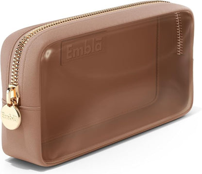 Embla London Makeup Bag Cosmetic Case, Clear Zipper Make Up Pouch and Toiletry Travel Tote, Cute Skincare Pouches for Women Girls, Preppy Purse Cosmetic Organizer, Small Makeup Bags, Mocha Mousse