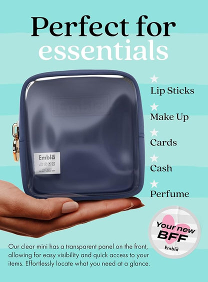 Embla London Makeup Bag Cosmetic Case, Clear Zipper Make Up Pouch and Toiletry Travel Tote, Cute Skincare Pouches for Women Girls, Preppy Purse Cosmetic Organizer, Mini Makeup Bags, Sapphire