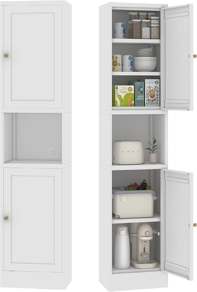 Tall Narrow Storage Cabinet - 67" Slim Bathroom Organizer with 3 Adjustable Shelves, 2 Doors (Left/Right Opening),Metal Floor Cabinet for Small Spaces, Bathroom & Kitchen (Metal, White)