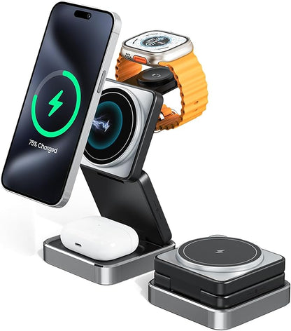 3-in-1 Wireless Charger for iPhone,15W Fast Wireless Charging Station Compatible with Mag-Safe Charger,Magnetic Foldable Travel Charger Stand Nightstand for iPhone 17/16/15/14,Apple Watch&AirPods