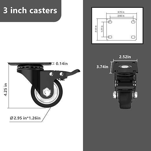 3 Inch Wheel Casters,Set of 4 Heavy Duty,Black Industrial Casters with Brake, Locking Casters for Furniture and Workbench for Cart,Top Plate Swivel Wheels and Load 1000lbs (Two Hardware Kits Include)