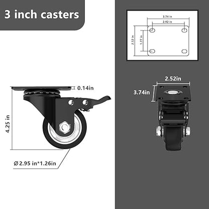 3 Inch Wheel Casters,Set of 4 Heavy Duty,Black Industrial Casters with Brake, Locking Casters for Furniture and Workbench for Cart,Top Plate Swivel Wheels and Load 1000lbs (Two Hardware Kits Include)