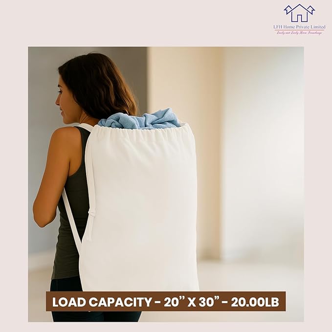 LFH Home Cotton Canvas Large Laundry Bag with Handle, Heavy Duty Drawstring Closure Washable Laundry Bags, School Travel, Home, Hotel, College Dorm, Organizer Sack, Toy Clothes 24x36 (Pack of 6)-White