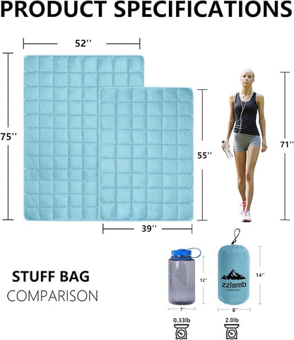 zzlamb Camping Blanket, Compact Lightweight Soft Puffy Blanket Water-Repellent, Packable Warm Quilt Down Alternative Picnic Hiking Backpacking Beach Travel RV Airplane Couch Car