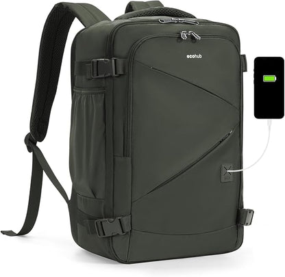 ECOHUB 17" Small Unisex Travel Backpack United Airlines Approved 17x10x9 Friendly Suitcase Anti-Theft Lockable Zippers Style Personal Item Bag Travel Essentials with 12 Pockets Water Resistant, Green