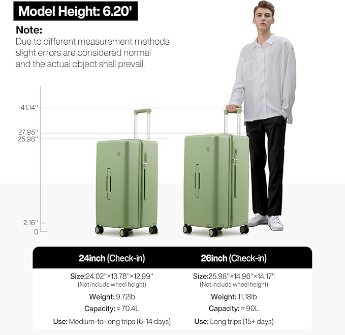 mixi 26'' Max Trunk Luggage Large Checked Luggage PC Hard Shell Rolling Travel Suitcases with Spinner Wheels & TSA Lock, Avocado Green