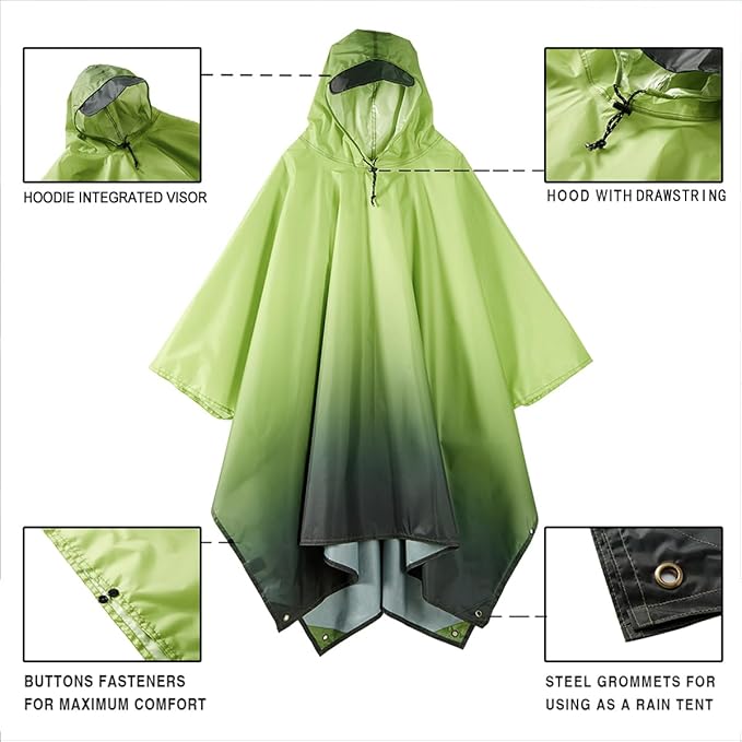 Hooded Rain Poncho for Adult, Waterproof Lightweight Raincoat for Hiking Camping