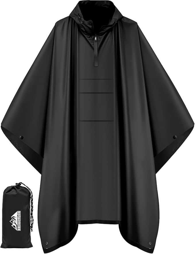 Bruvoalon 3-in-1 Rain Poncho with 1/4 Zip & Chest Pocket, Waterproof, Sunshade, Ground Mat for Adults & Youth Emergency