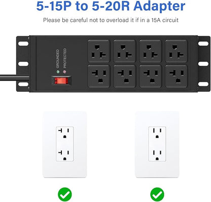 CCCEI Black Heavy Duty Power Strip Surge Protector 20 AMP, 8 Outlets 12 Gauge Industrial Shop Garage Metal Multiple Outlets, 4 FT Extension Cord 5-15P Adapter High Amp 6-20R T-Slot 20a for Appliance