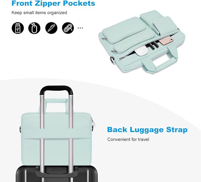 MOSISO Laptop Shoulder Bag 13.3 inch, 13-14 inch Computer Bag Compatible with MacBook Air/Pro 13 / Pro 14, HP Dell ASUS Lenovo with 2 Raised&1 Flapover&1 Horizontal Pocket&Handle&Belt, Mint Green