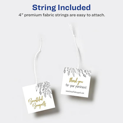 Avery Square Tags, Sure Feed Technology, 2" x 2", Matte White, Strings Included, 120 Total, Print-to-The-Edge, Laser/Inkjet Printable (80513)
