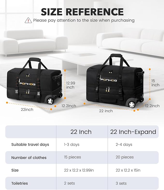 21 Inch Expandable Duffle Bag with Wheels for Men - Water Resistant Wheeled Duffle Bag for Weekend Travel & Overnight Trips,Black