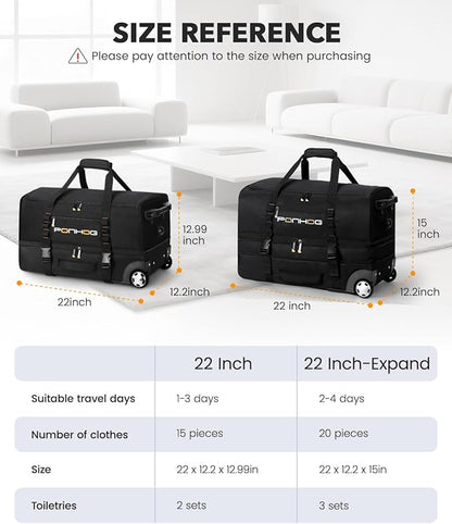 21 Inch Expandable Duffle Bag with Wheels for Men - Water Resistant Wheeled Duffle Bag for Weekend Travel & Overnight Trips,Black