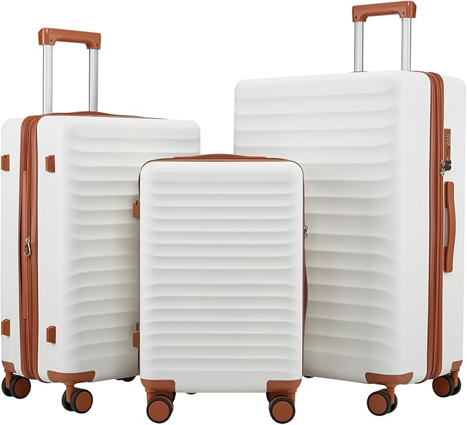 Travel Suitcase Sets 3 Piece, Expandable Hardshell Luggage Sets 3pcs with TSA Lock Spinner Wheels, White-Brown (20''/24''/28")