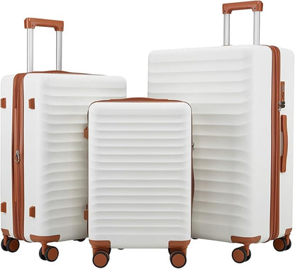 Travel Suitcase Sets 3 Piece, Expandable Hardshell Luggage Sets 3pcs with TSA Lock Spinner Wheels, White-Brown (20''/24''/28")