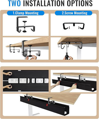 No Drill Cable Management Under Desk, 28" Cord Organizer for Table, Clamp/Screw Mount Cable Tray, Premium Black Fabric Desk Cord Management Tray for Office, Home (Regular (28 in))