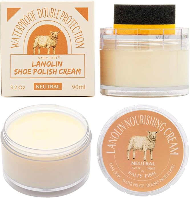SALTY FISH Shoe Polish Cream 3.2Oz, Lanolin Shoe Polish Kit with Shoe Shine Sponge, Condition Waterproof Restore Shoe Boot