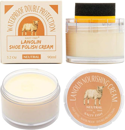 SALTY FISH Shoe Polish Cream 3.2Oz, Lanolin Shoe Polish Kit with Shoe Shine Sponge, Condition Waterproof Restore Shoe Boot