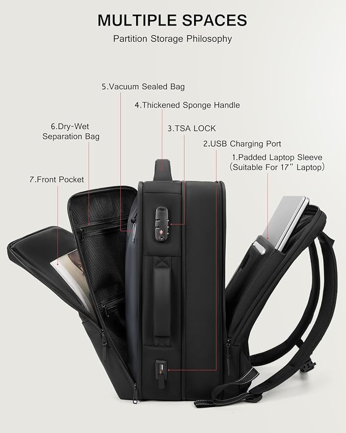 70L Vacuum Backpack Travel with Pump, Charging Port and TSA Lock, Expandable Vacuum Seal Compression Travel Backpack for 19" Laptop, Airline Approved