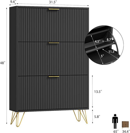 Shoe Storage Cabinet with 3 Flip Drawers, 31.5" W Fluted Shoe Cabinet for Entryway, Hidden Shoe Cabinet Storage, Narrow Free Standing Shoe Orgnaizer Rack Cabinet for Foyer Hallway, Black