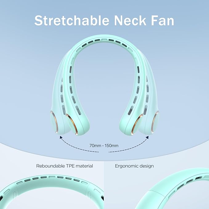 Portable Neck Fan, Personal Fan with 4000mAh Battery, Rechargeable Neck Fan with 3 Speeds and 64 Cool Lights, Birthday Gifts for Men Women Mom Dad, Hands Free Cooling fan for Summer(Green)