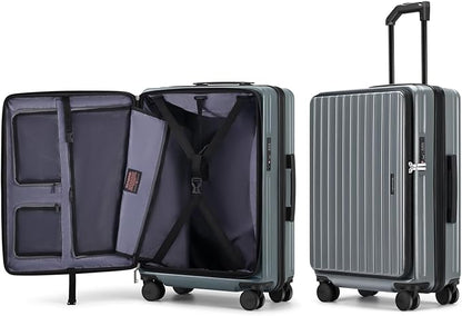 24 Inch Checked Large Luggage with Spinner Wheels Front Opening Rolling Suitcase for 5-7 Days Travel, Scratch Resistant PC Hardshell TSA Lock Cup Holder Specially Designed Ergonomic Pull Rod Handle