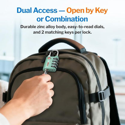 Forge Dual-Opening: Key or Combination Lock, TSA Approved Lock for Luggage, Pelican case, Travel, Gym, School, Luggage Combination Lock, Travel Bag Lock (Green 2 Pk)
