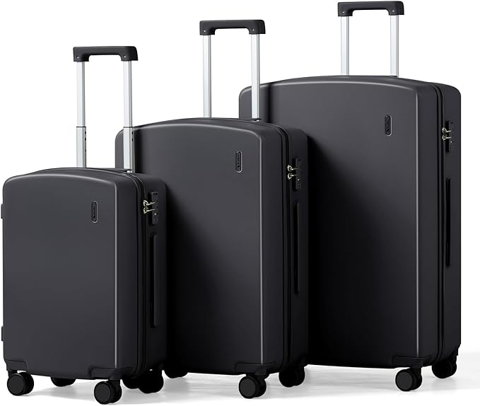 Hanke Hard Shell Luggage Sets 3 Pieces, Carry On and Checked Luggage Sets with Spinner Wheels, Durable PC Hardside Rolling Suitcase for Travel (20/24/28 Inch, Jet Black)