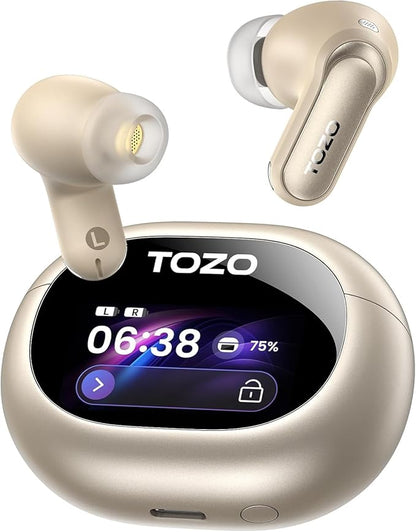 TOZO NC20 Pro Active Noise Cancelling Wireless Earbuds with Smart Touch Screen, LDAC Hi-Res Audio, Stereo Bass, 6 Mics AI Call Ear Buds, 80H Playtime, IPX8 Waterproof, 32 EQ via App, Wireless Charging