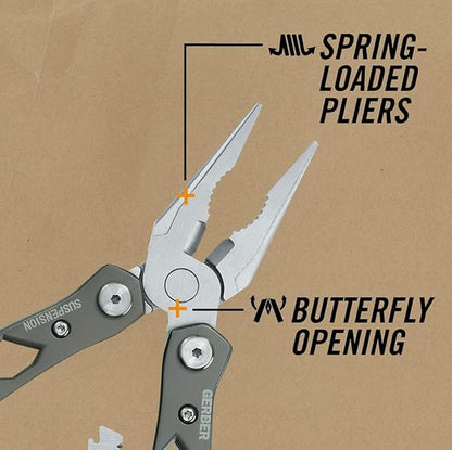 Gerber Gear Suspension 12-in-1 EDC Multi-Plier Multitool with Pocket Knife, Needle Nose Pliers, Wire Cutters and More, Gifts for Men, Camping and Survival, Grey