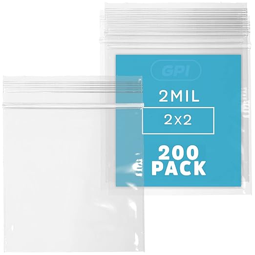 Clear Plastic Reclosable Zip Bags - Bulk GPI Pack of 200 2" X 2" 2 Mil Thick Strong & Durable Poly Baggies with Resealable Zip Top Lock for Travel, Storage, Packaging & Shipping.