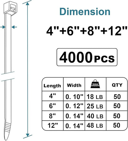 Zip Ties Assorted Sizes 4+6+8+12 inch, 4000 Pack, Black Cable Ties, UV Resistant Wire Ties for Outdoor Use, LOCKLOCK