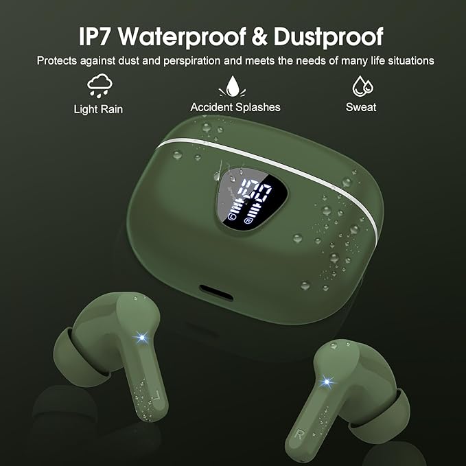 Wireless Earbuds, Bluetooth 5.4 Headphones HiFi Stereo, Bluetooth Earbuds with ENC Noise Cancelling Mic, IP7 Waterproof in Ear Earphones, 48H, LED Display Ear buds for Pad Phones Workout Sports, Green