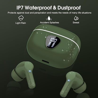 Wireless Earbuds, Bluetooth 5.4 Headphones HiFi Stereo, Bluetooth Earbuds with ENC Noise Cancelling Mic, IP7 Waterproof in Ear Earphones, 48H, LED Display Ear buds for Pad Phones Workout Sports, Green