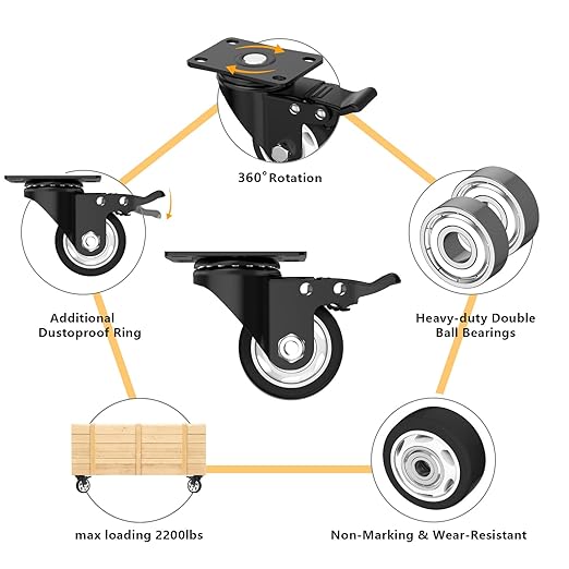 3 Inch Wheel Casters,Set of 4 Heavy Duty,Black Industrial Casters with Brake, Locking Casters for Furniture and Workbench for Cart,Top Plate Swivel Wheels and Load 1000lbs (Two Hardware Kits Include)