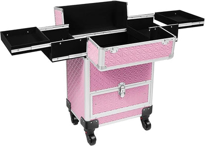 Portable Makeup Organizer Suitcase, Stylist Beauty Salon Cosmetic Luggage, Makeup Train Case w/ 4 Removable Wheels & Sliding Drawers for Barber Store