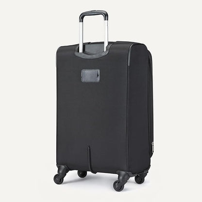 Amazon Basics Luggage, 23" Medium Checked Softside Suitcase With Wheels, With Four 360-Degree Multi-directional Spinner Wheels, Expandable Space, Zippered Pocket and Straps, Telescopic Handle, Black