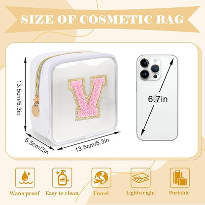 Personalized Initial Letter Clear Preppy Makeup Bag,Mini Nylon Chenille Letter Cosmetic Bag Cute Zipper Pouch Purse for Teen Girls,Portable TSA Approved Beach Travel Essentials Bag Gift for Women,V
