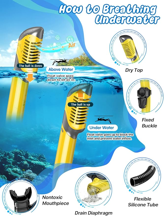 Zenoplige Mask Fins Snorkel Set, Snorkeling Gear for Adults, Panoramic View Snorkel Mask Anti-Fog, Adjustable Dive Flippers, Dry Top Snorkel and Travel Bag, Scuba Gear for Swimming Snorkeling Diving