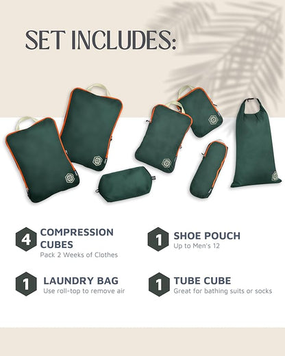Large Compression Packing Cubes for Travel-Packing Cube Luggage Organizers 7 Piece Set for Checked Luggage-Ultralight, Expandable/Compression Bags by TRIPPED Travel Gear (Green/Orange)
