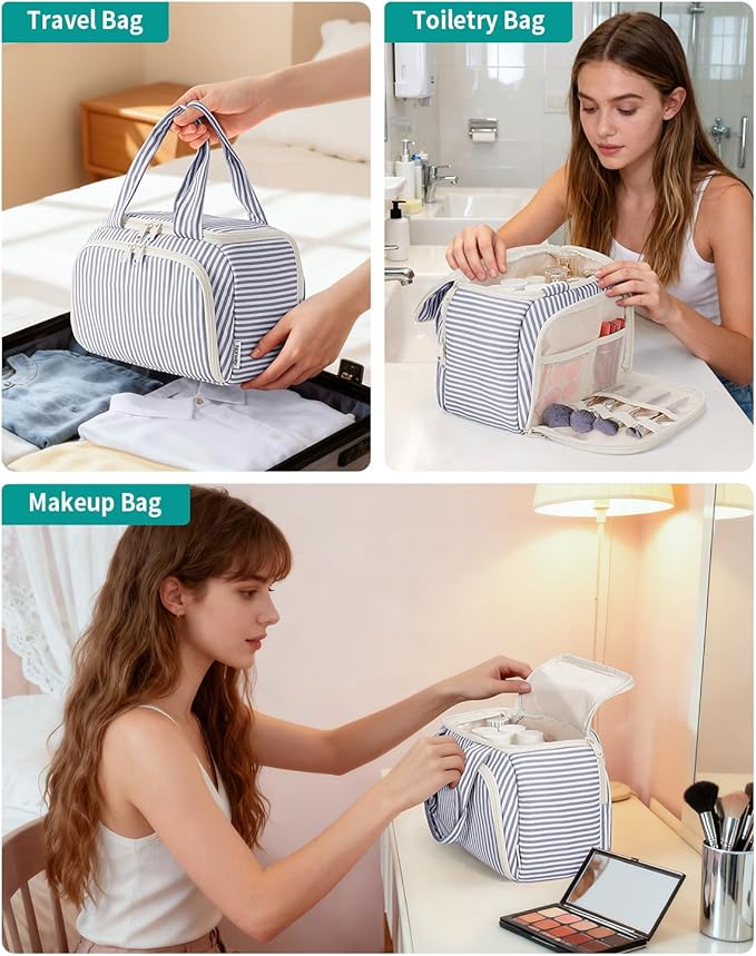 Narwey Large Travel Toiletry Bag, Wide-open Travel Bag for Toiletries, Toiletry Bags for Traveling Women, Cosmetic Make Up Makeup Bag Organizer with Wet Pocket, Skincare Bag (Greyish Blue Stripe)