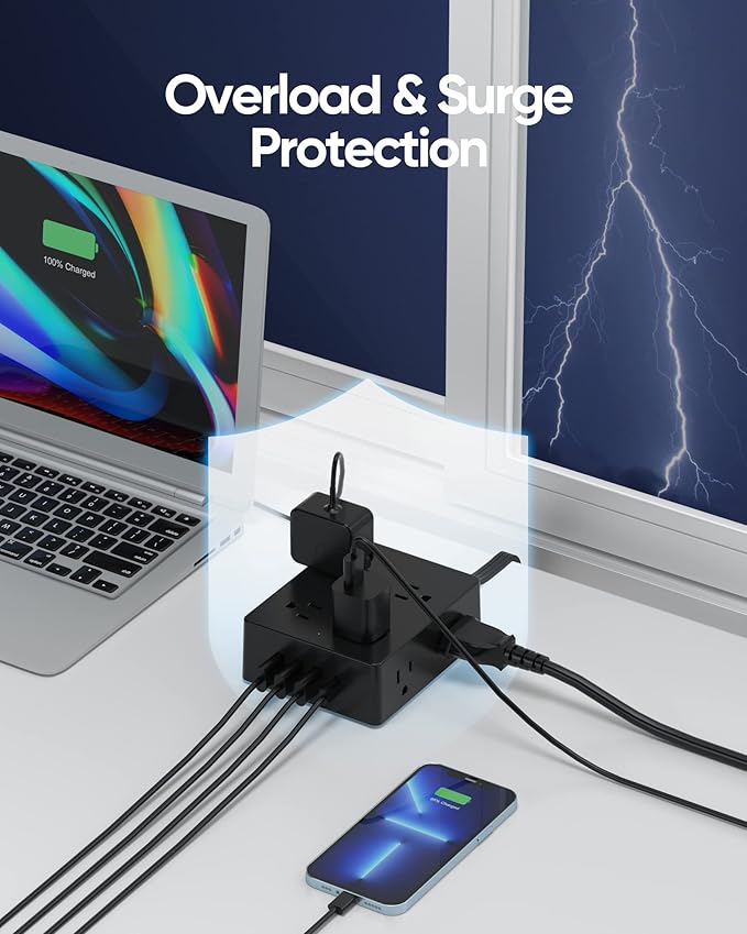 Surge Protector Power Strip, Olcorife 25ft Long Extension Cord with 8 Outlets 4 USB Ports(1 USB C), Flat Wall Plug Outlet Extender, College Dorm Room Essentials, Black