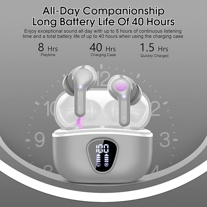 Wireless Earbuds, Bluetooth 5.4 Headphones HiFi Stereo, Bluetooth Earbuds with ENC Noise Cancelling Mic, IP7 Waterproof in Ear Earphones, 48H, LED Display Ear buds for Pad Phones Workout Sports, Grey