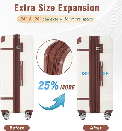 Merax 28 Inch Checked Luggage, Expandable Suitcase with Spinner Wheels, Hard Shell Vintage Luggage Set with TSA Lock(White)